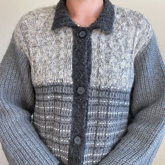 Vintage Womens 80s Wool Blend Gray Chunky Knit Geometric Cardigan Sz L - Picture 7 of 7